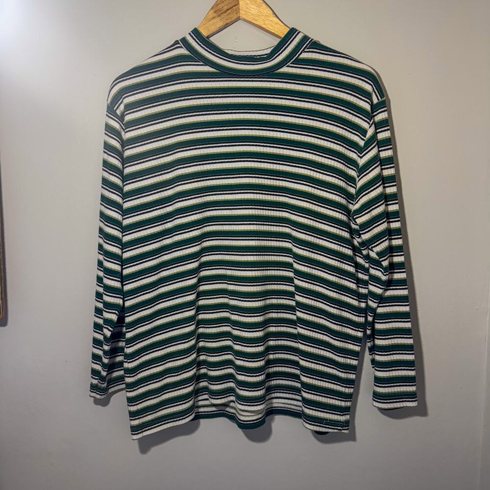 Vtg Partners II Striped Ribbed Mock Neck Top Green Earth Tones Plus Size 1X